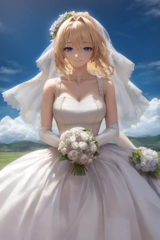 medium hair, woman, laugh, sky, Masterpiece, wedding dress, dress